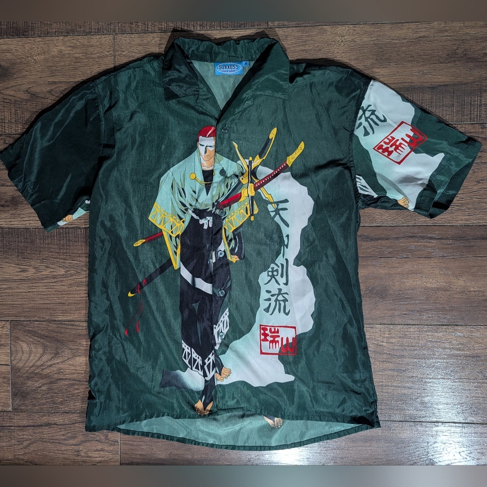 Sussexx Men's Wear Asian Manga 1990s Vintage Samurai Swords Button Down Size Med